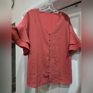 Women's V-Neck Button Front Flutter Sleeve Top -salmon Color